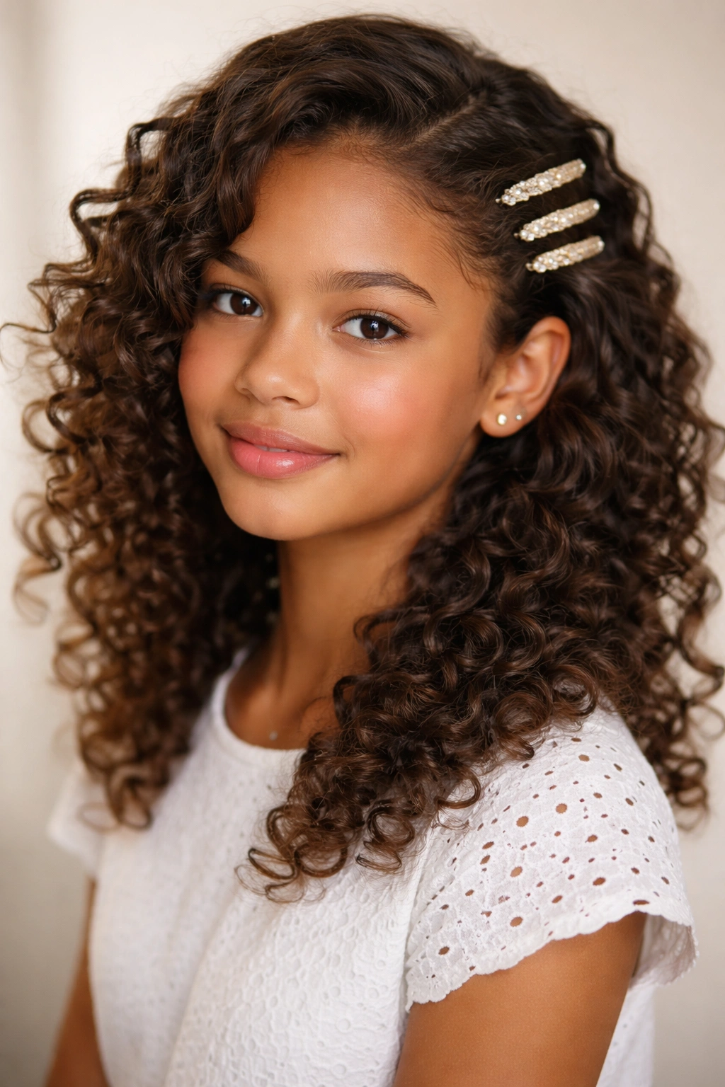 Side-swept curls pinned with small barrettes along the temple