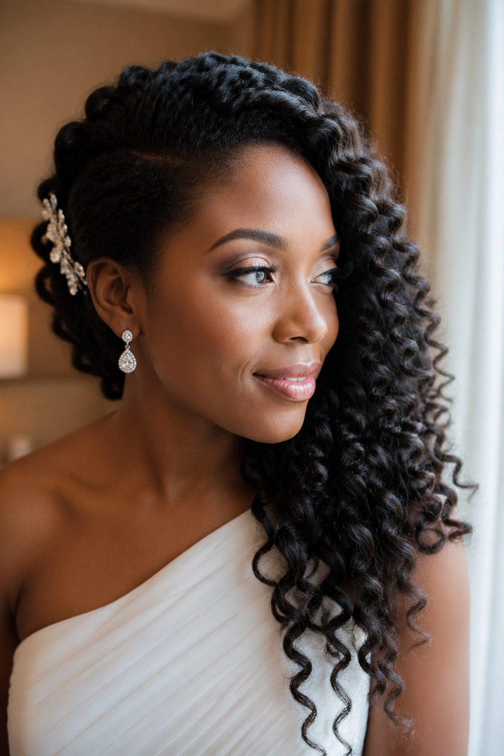 Close-up of a real bride with side-swept stretch curls over one shoulder