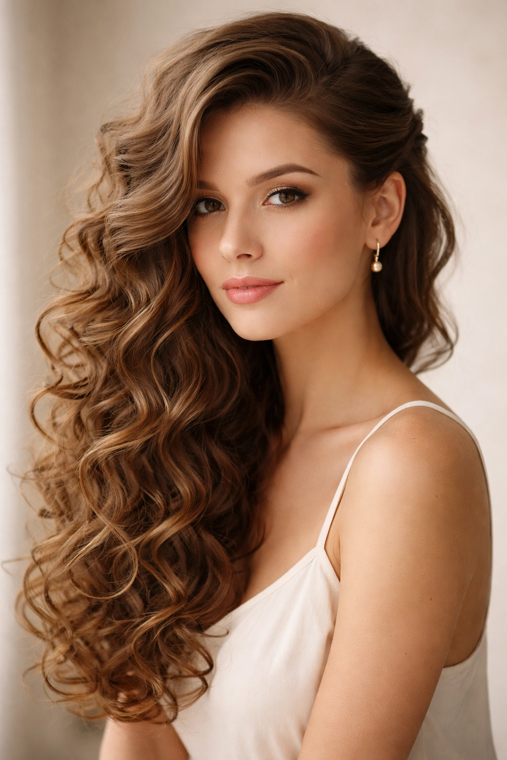Side-swept curly cascade with hair pinned behind the ear and draped over shoulder