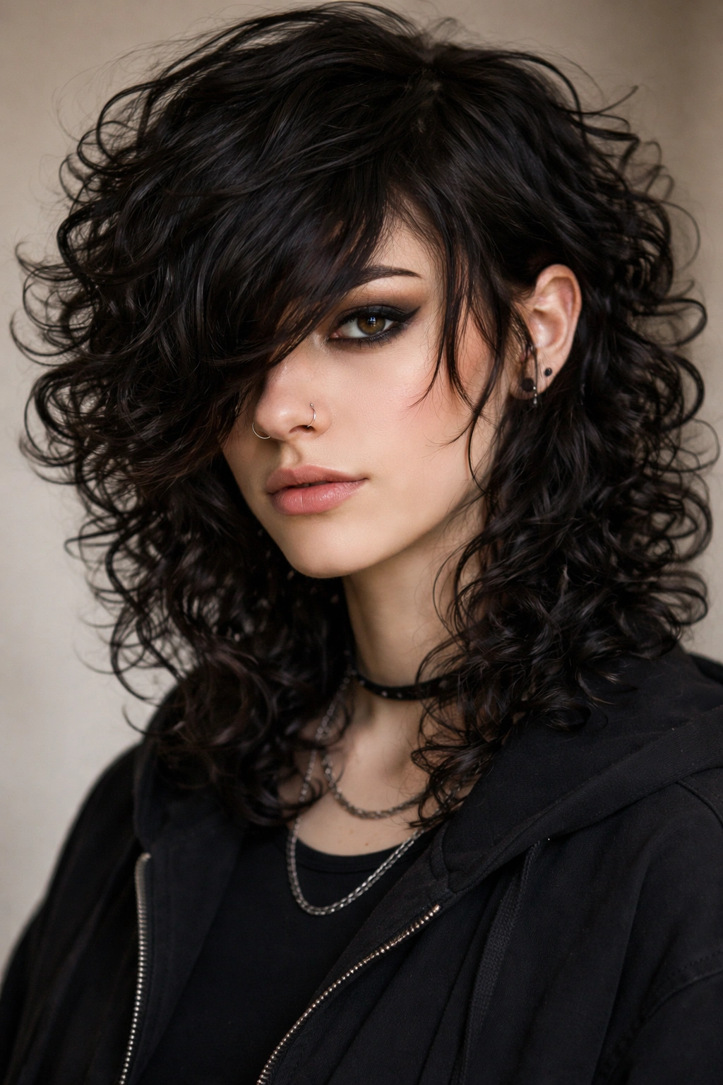 Close-up of side-swept curly fringe across the forehead with layered curls