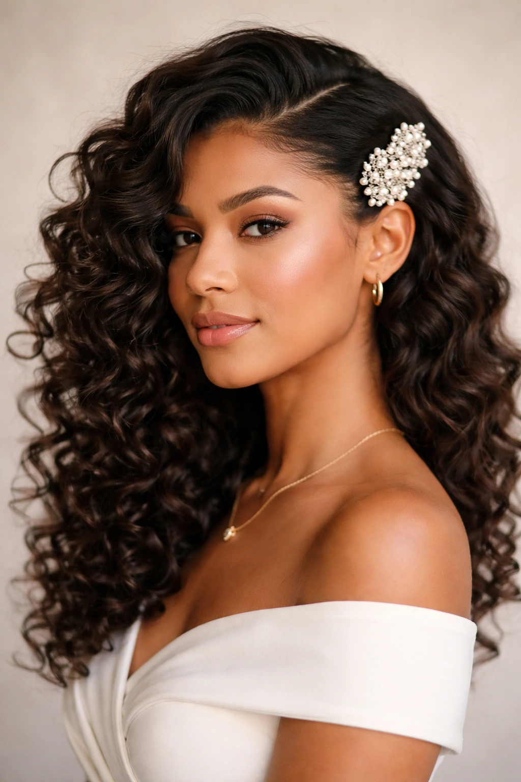 Side-swept curls with a decorative clip above the ear