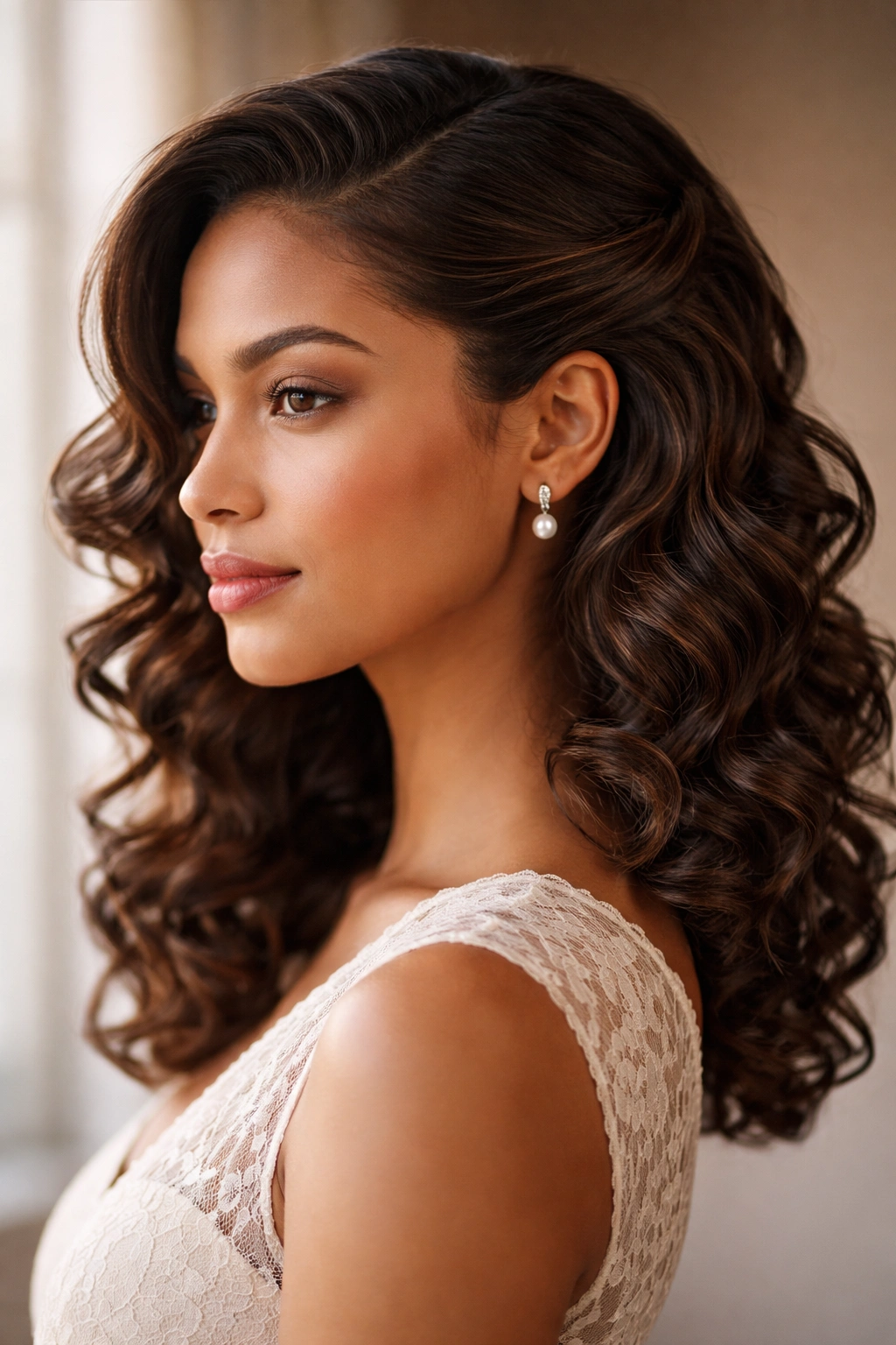 Deep side-parted curls swept to the side and pinned behind the ear