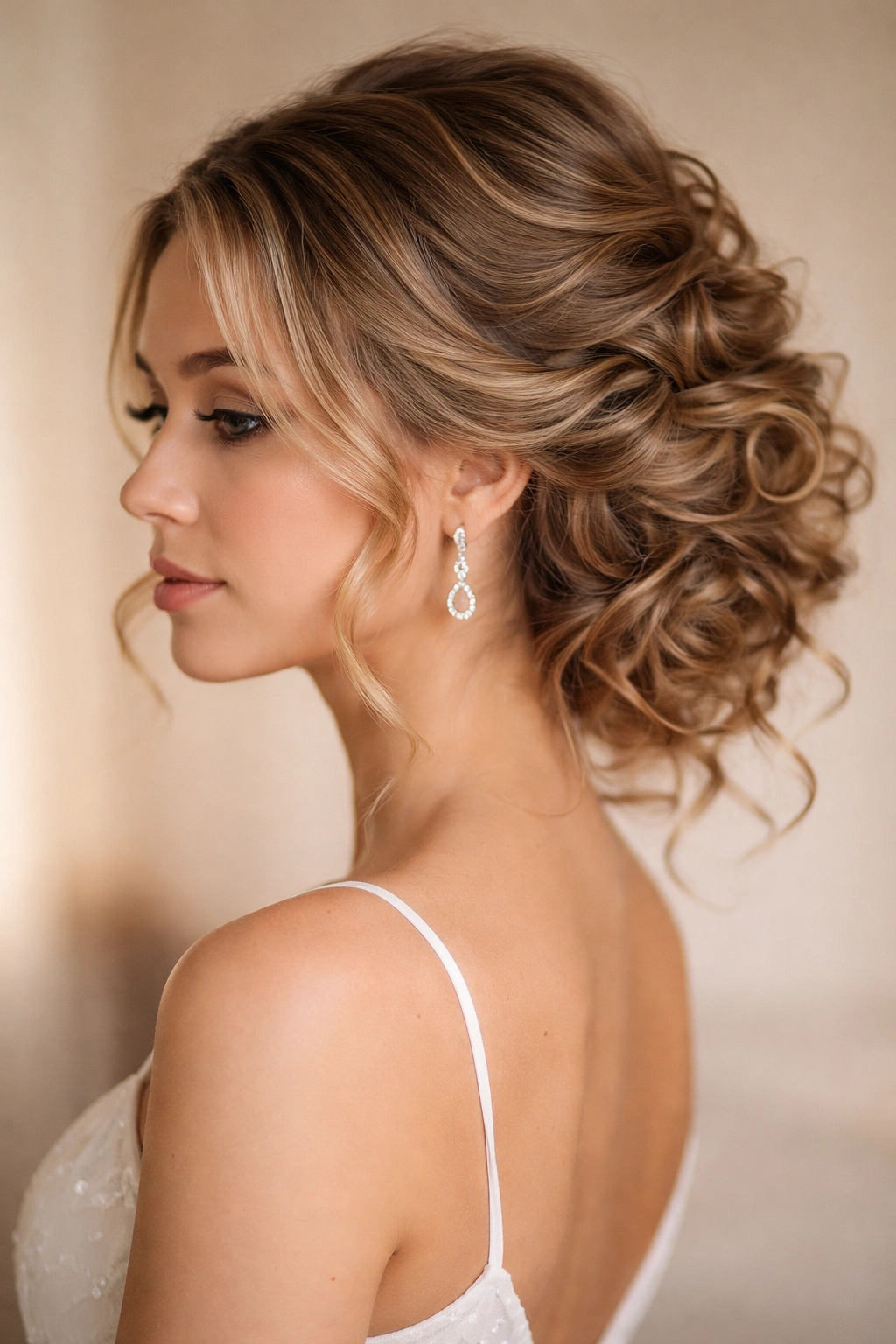 Side-swept curly updo with pinned side and ends spilling