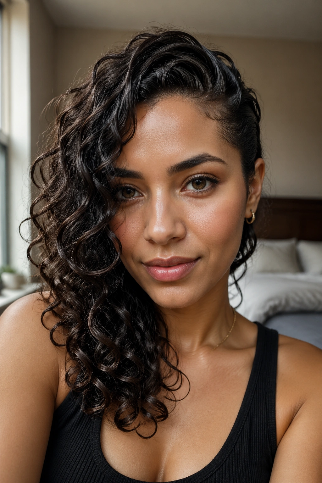 Close-up of a real woman with side-swept curly cascade in a glossy wet finish