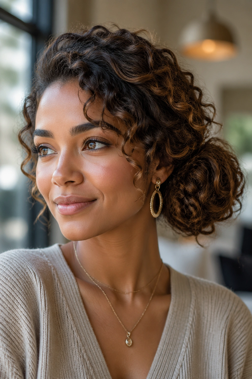 Close-up of a real woman with a side-swept curly bun on medium-length hair.