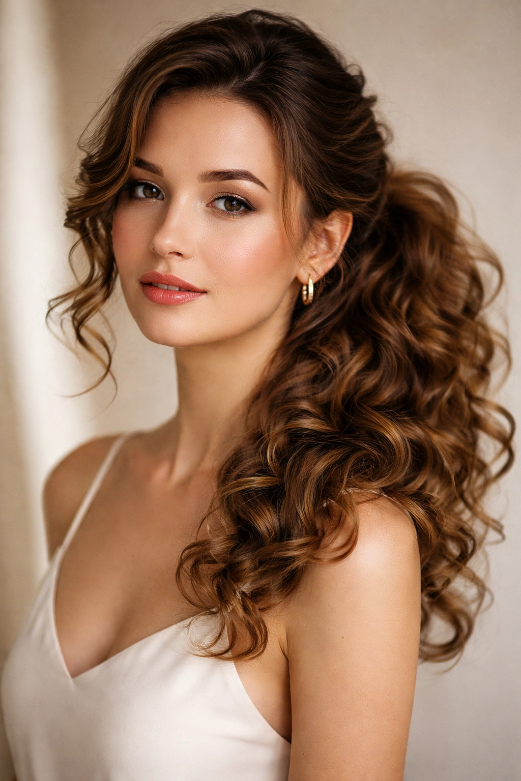 Side-swept curly ponytail with curls cascading to the side