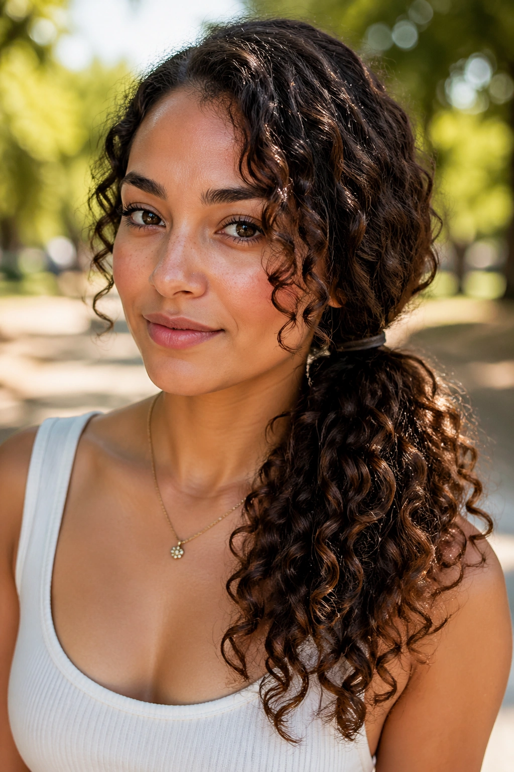 Close-up of side-swept curly ponytail hairstyle