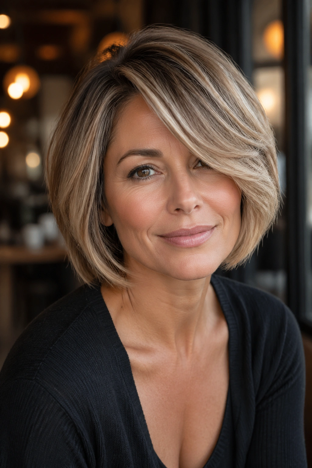 Portrait of a real woman with a side-swept feathered bob in warm light