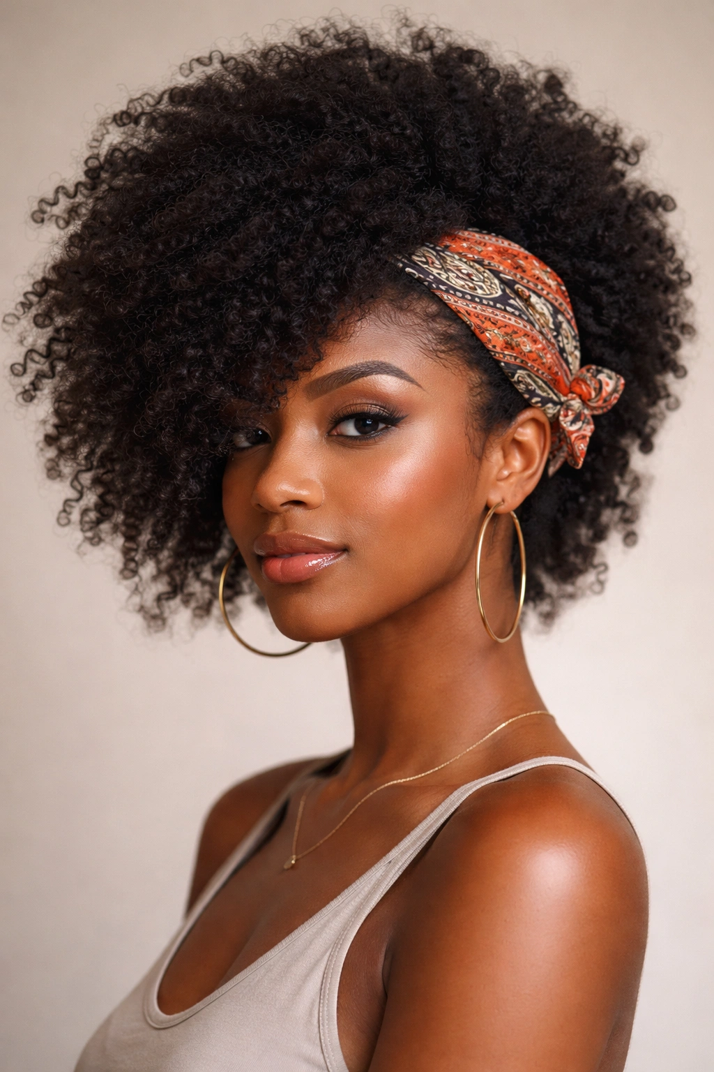 Side-swept fro with temple knot and bandana across the forehead