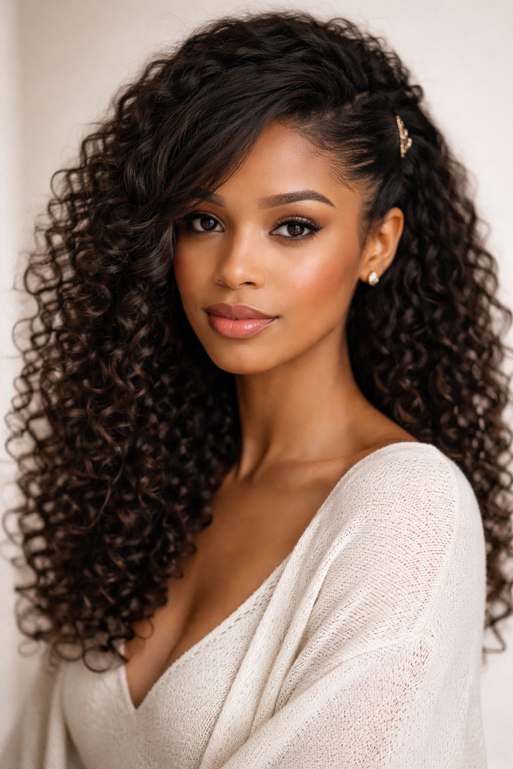 Side-swept half-up hairstyle with pinned front section, loose curls