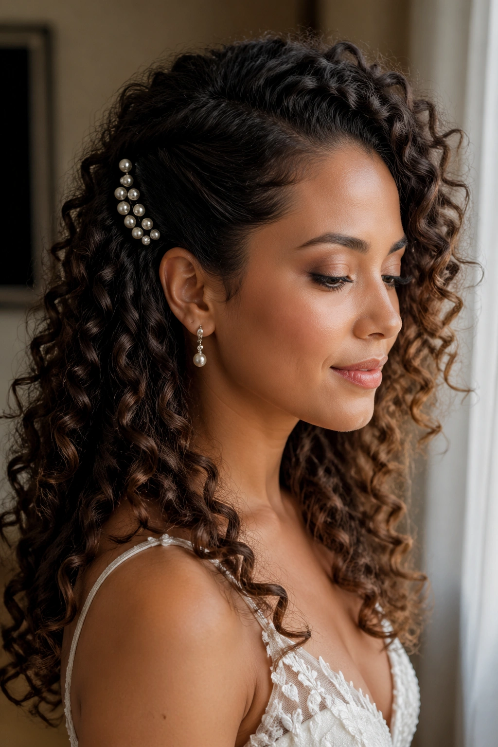 Close-up of a bride with side-swept half-up and pearl pins