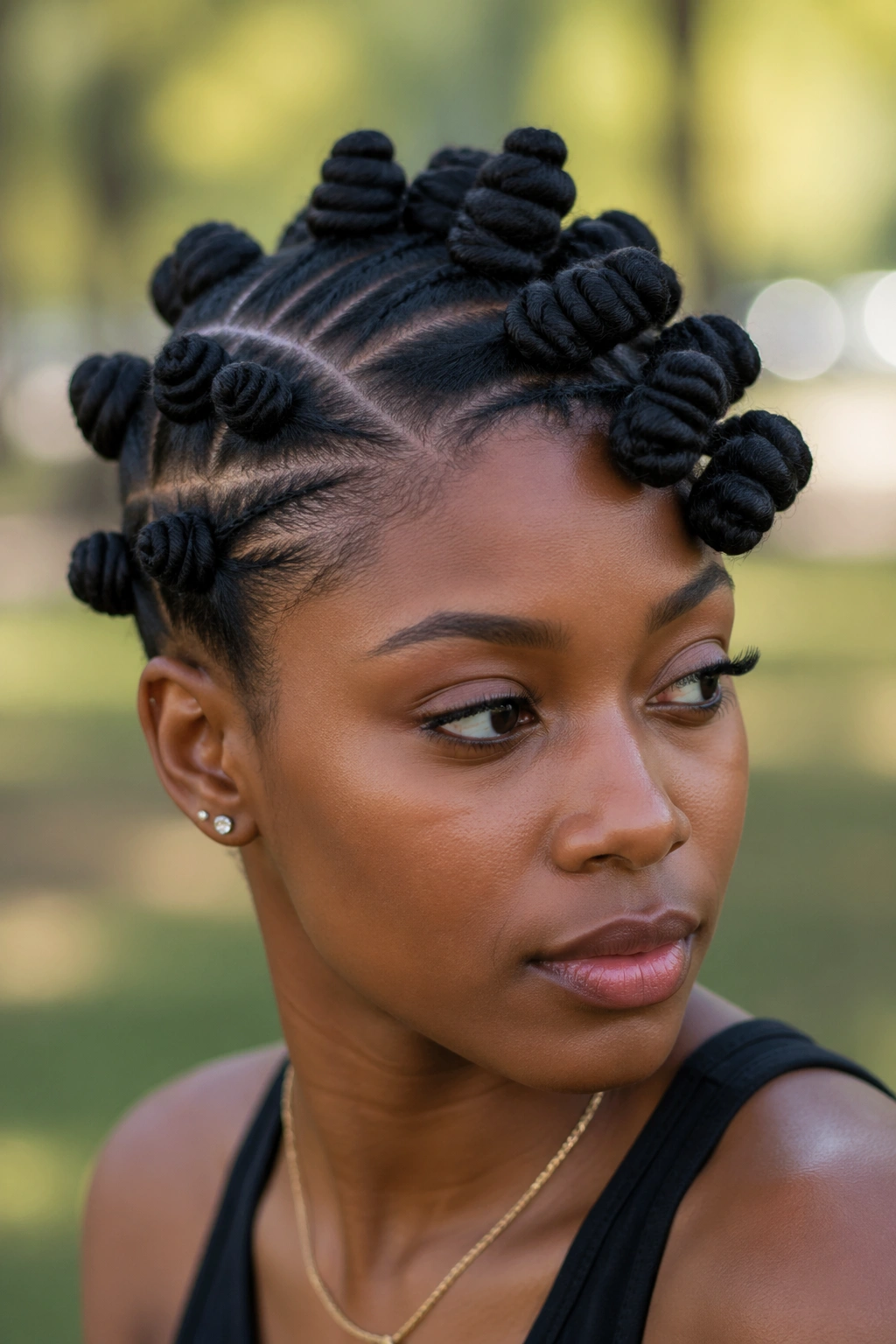 Close-up of a real person with a side-swept knot cluster