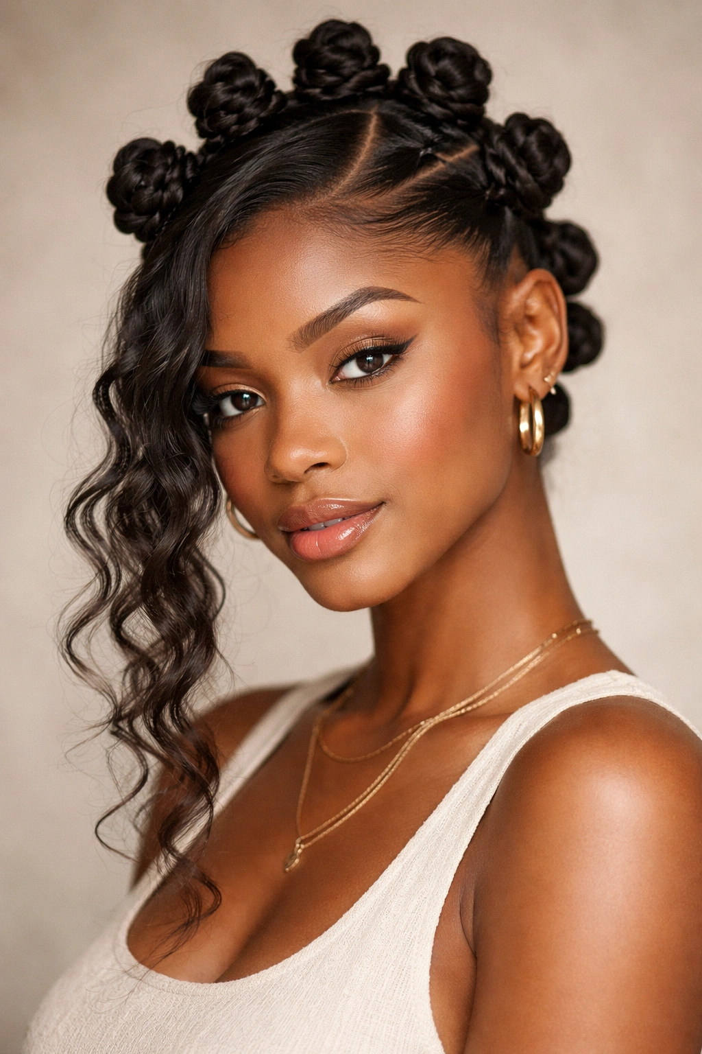 Side-Swept bantu knots with a deep part and curved curls