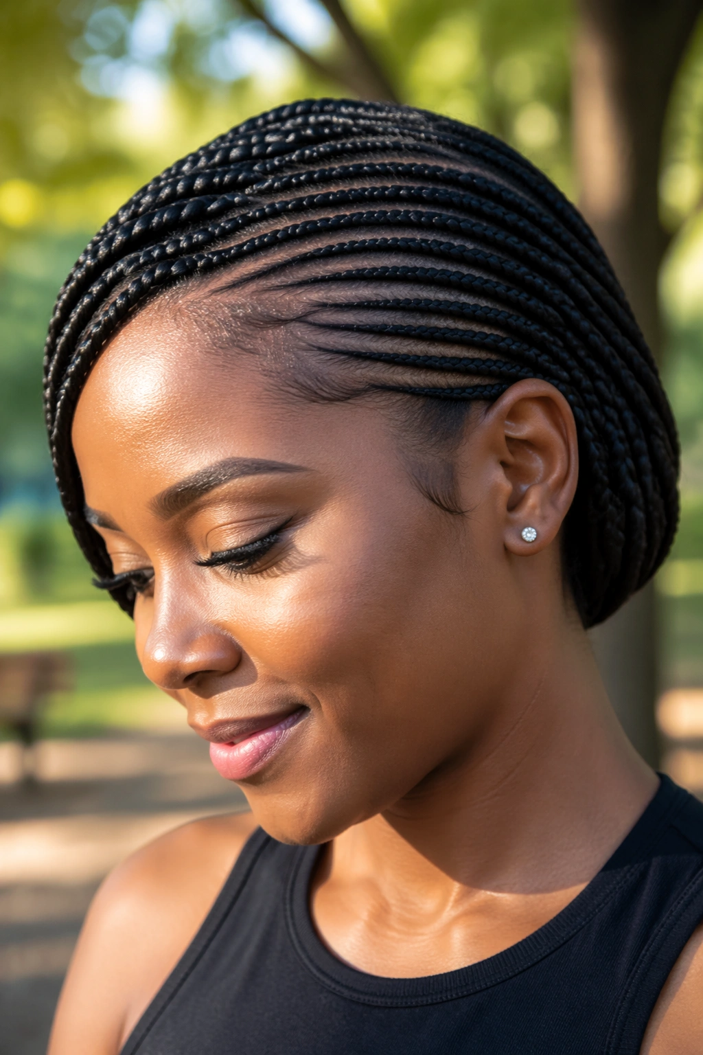 Close-up portrait of a real woman with side-swept lemonade braids