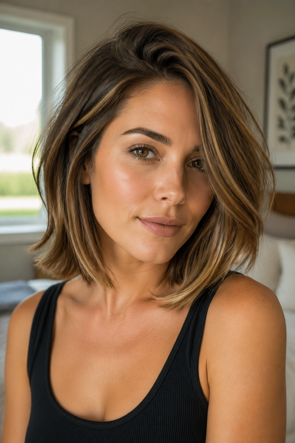 Close-up of a real woman with a side-swept lob addressing cowlicks and flat roots.