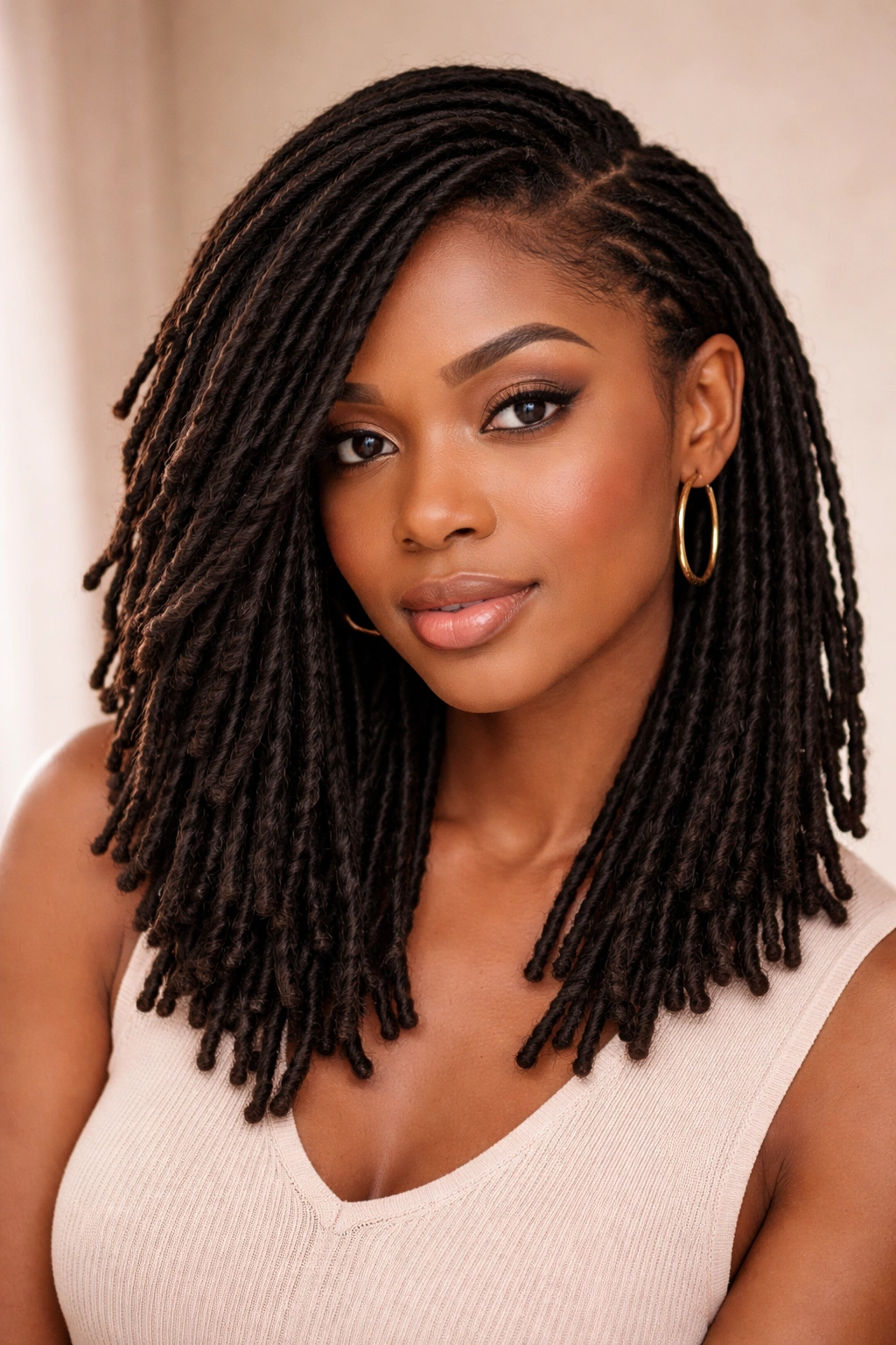 Side-swept locs with a deep part framing the face.