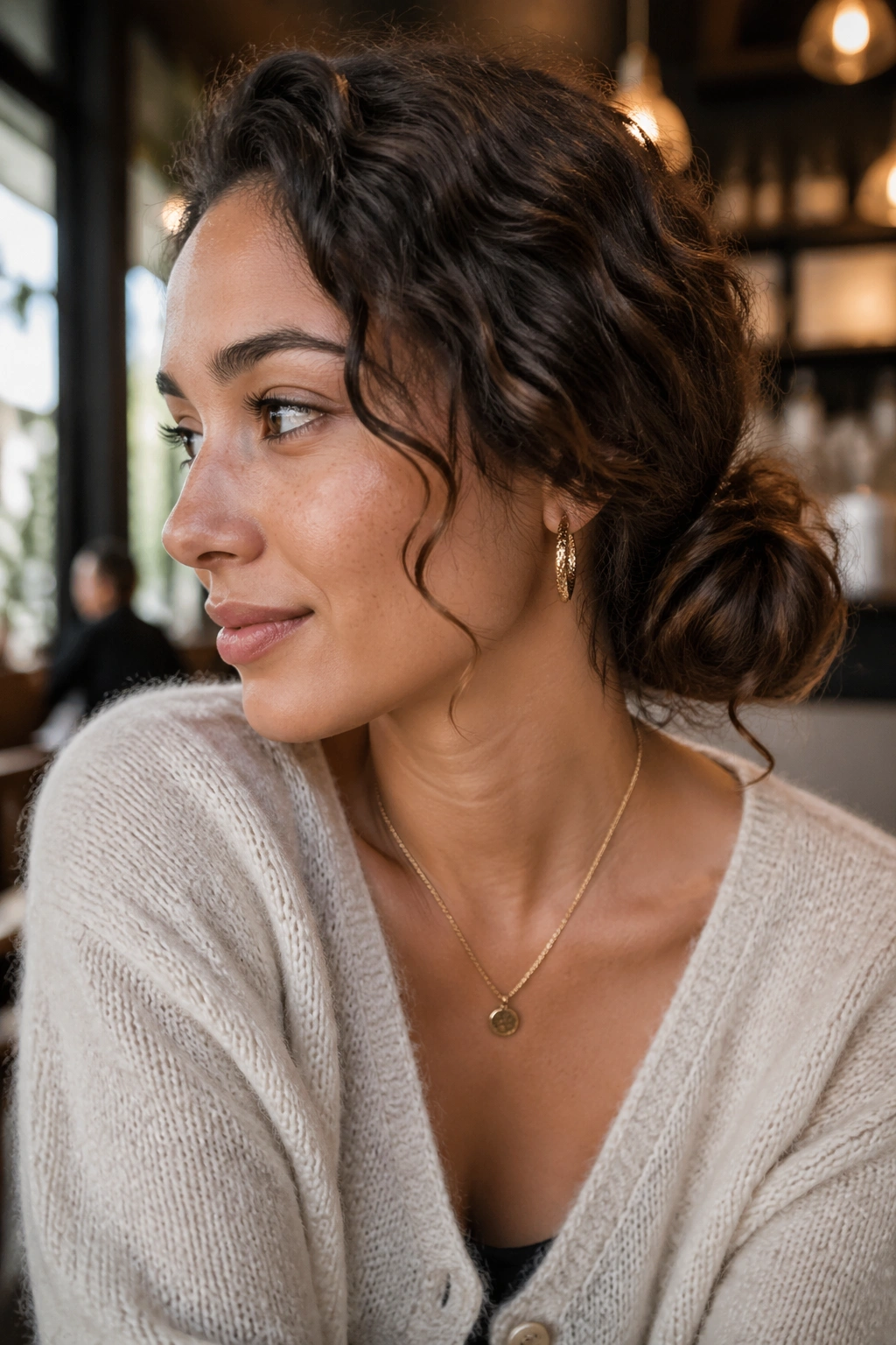 Close-up of real woman with side-swept low bun