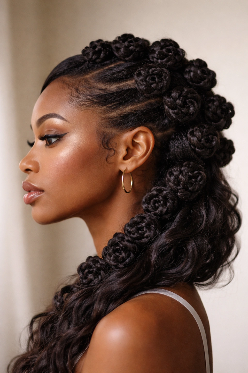 Off-center diagonal row of Bantu knots sweeping across the temple to the opposite side