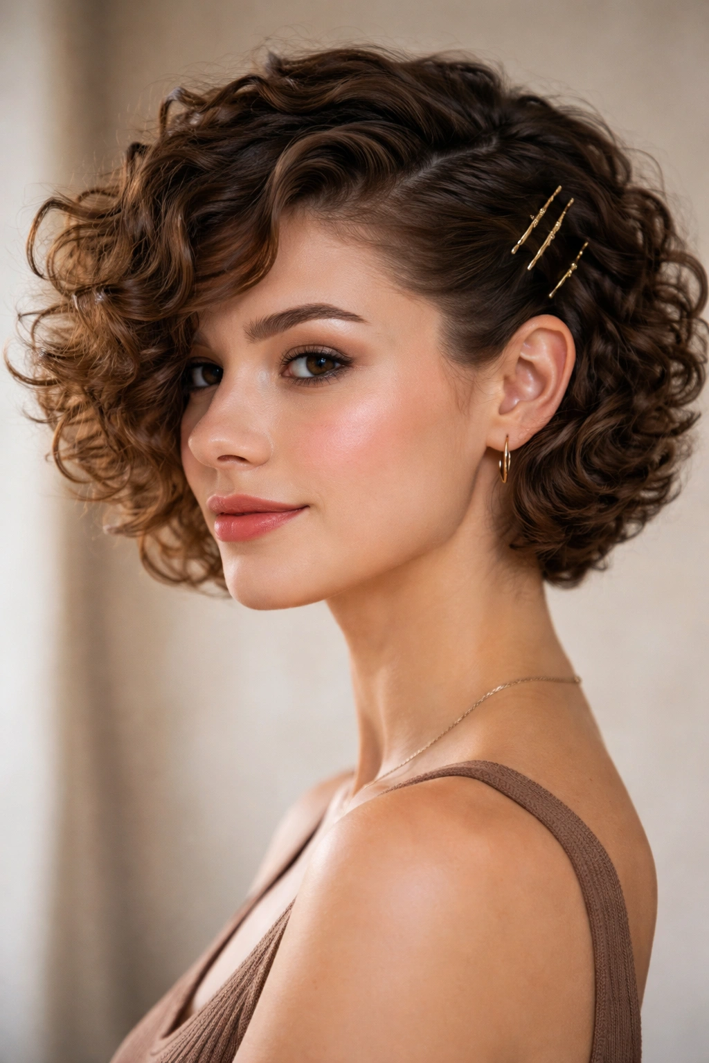 Profile view of side-swept pin-up with curls pinned behind the ear