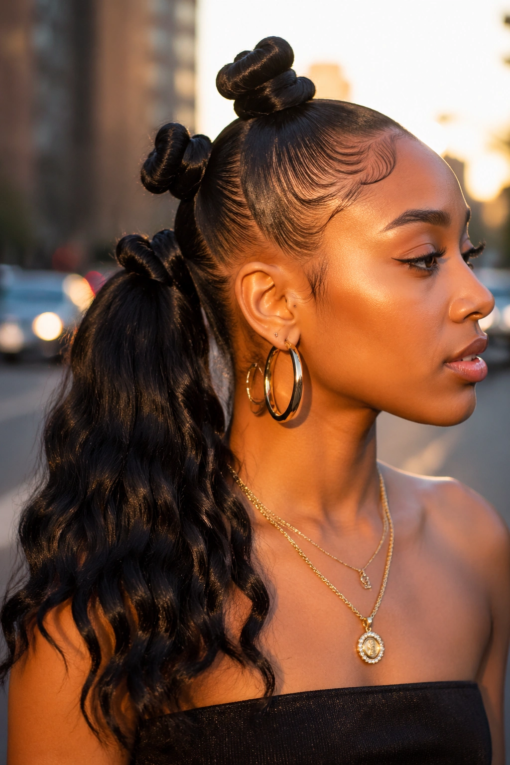 Real woman with side-swept ponytail and three asymmetrical knots