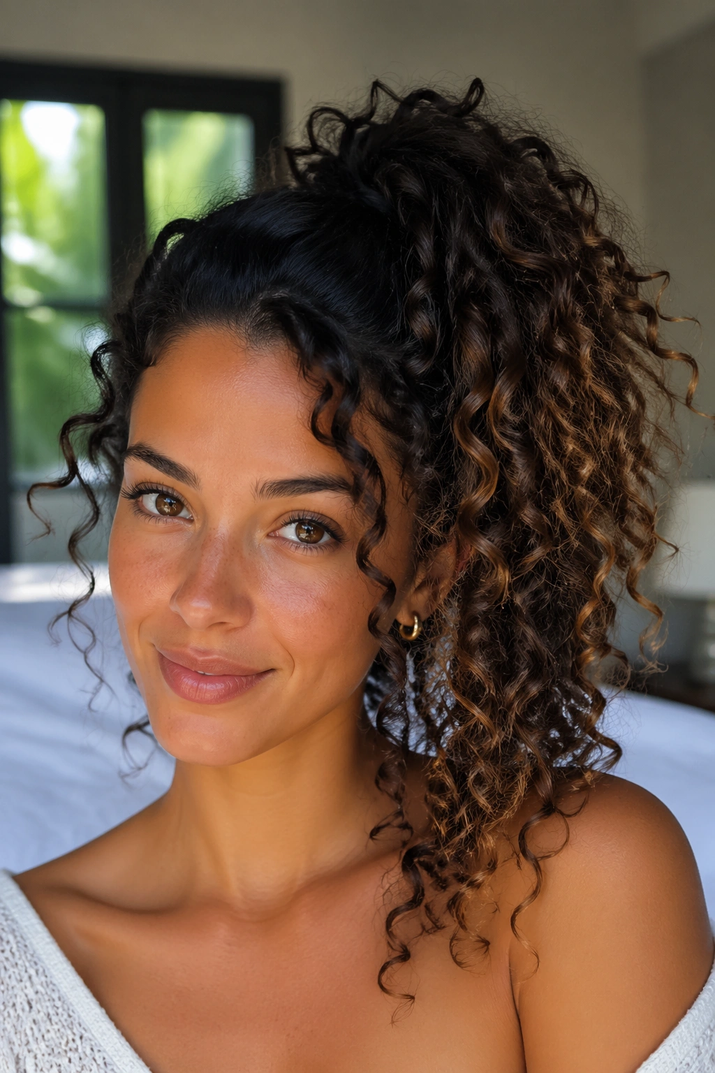 Close-up of side-swept high ponytail on curly-haired woman in warm bedroom light