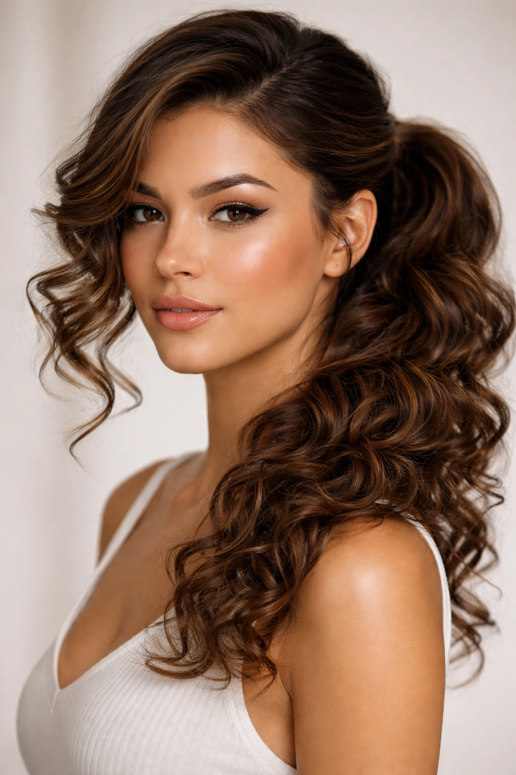 Side-swept curly ponytail with curls cascading over one shoulder