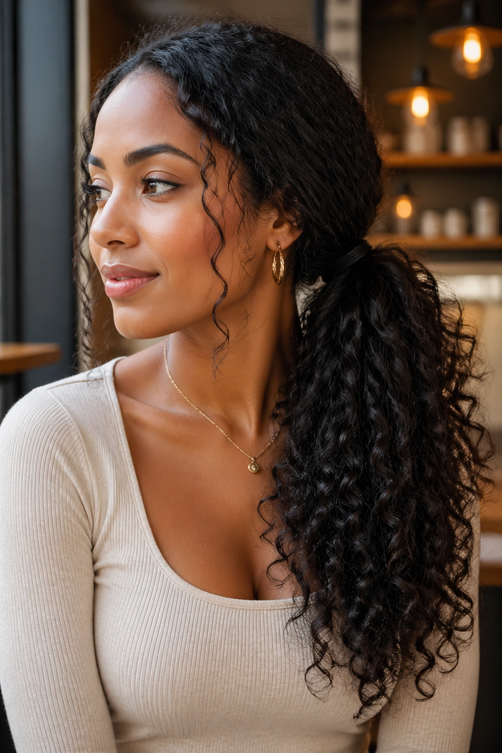 Portrait of a real woman with a side-swept low ponytail over one shoulder