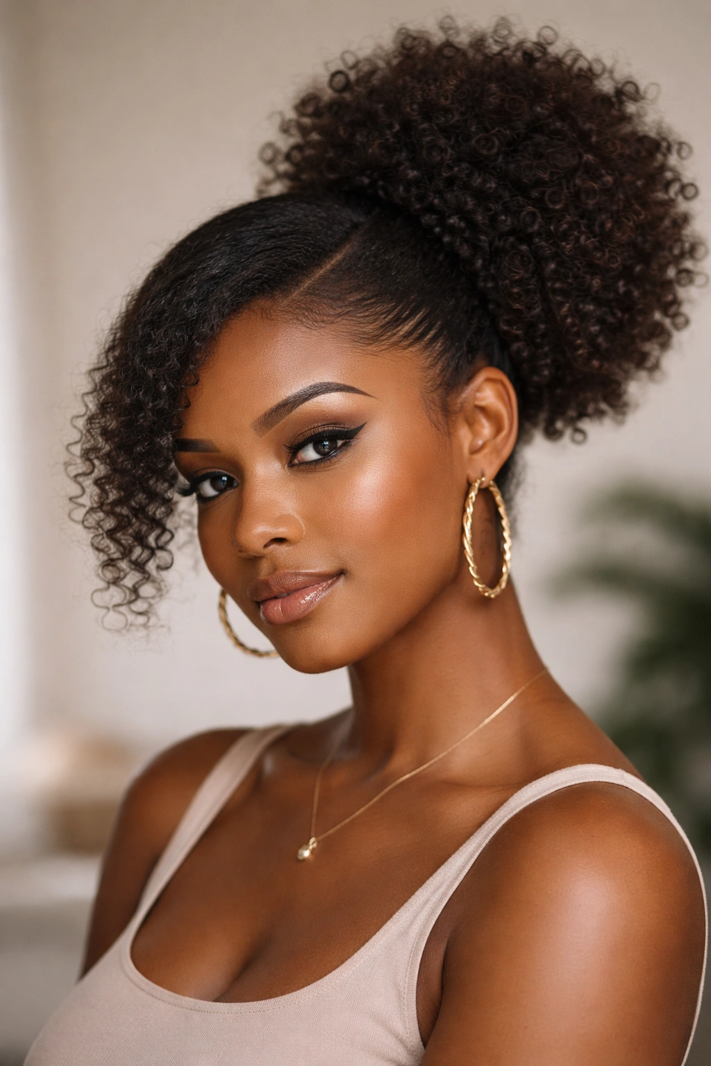 Side-swept puff softening square face with off-center puff