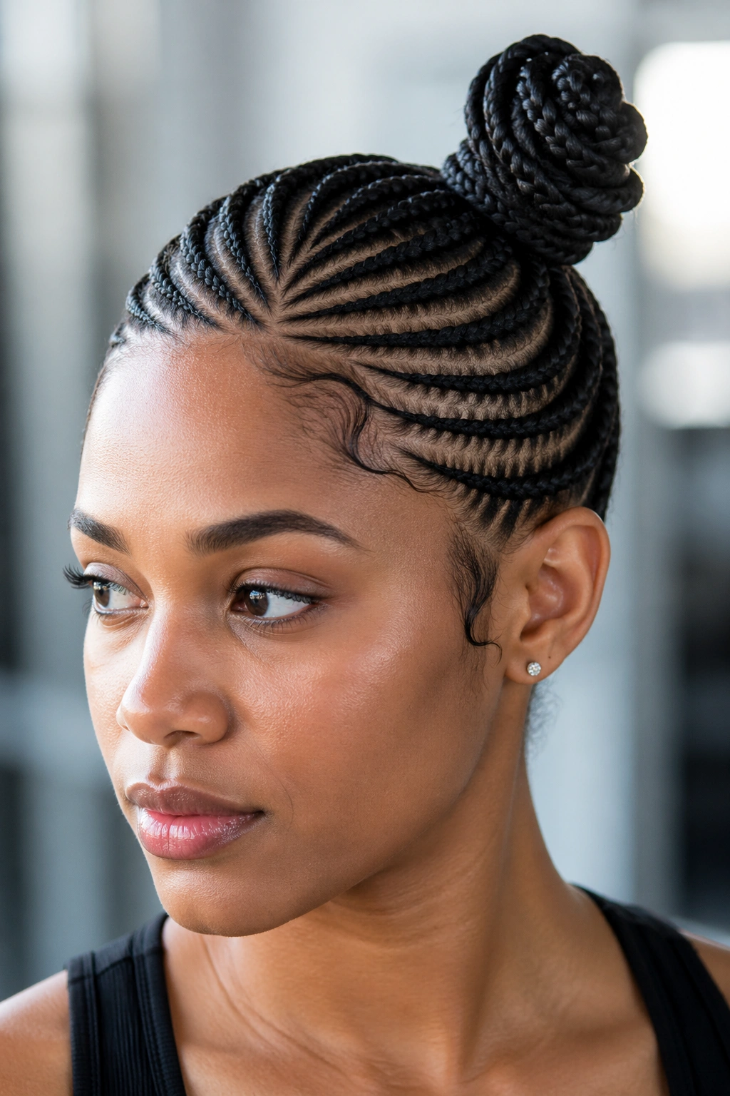 Close-up headshot of person with side-swept stitch braids converging to one high Bantu knot near the temple