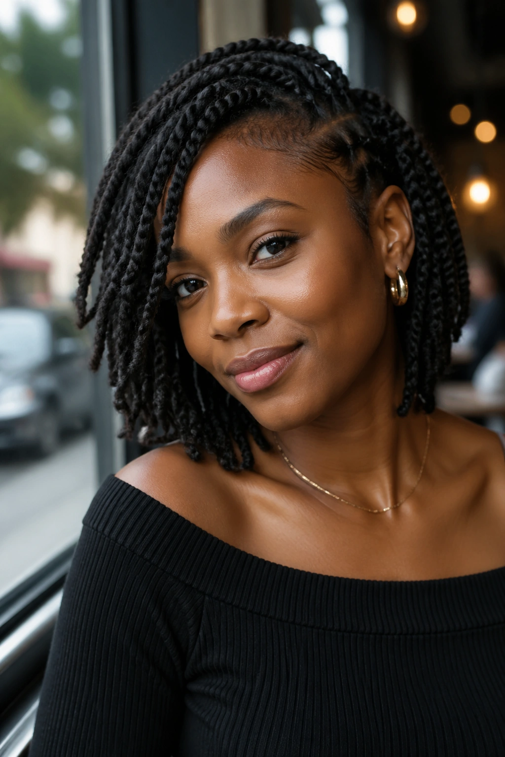 Portrait of a woman with side-swept twist bob framing the face.