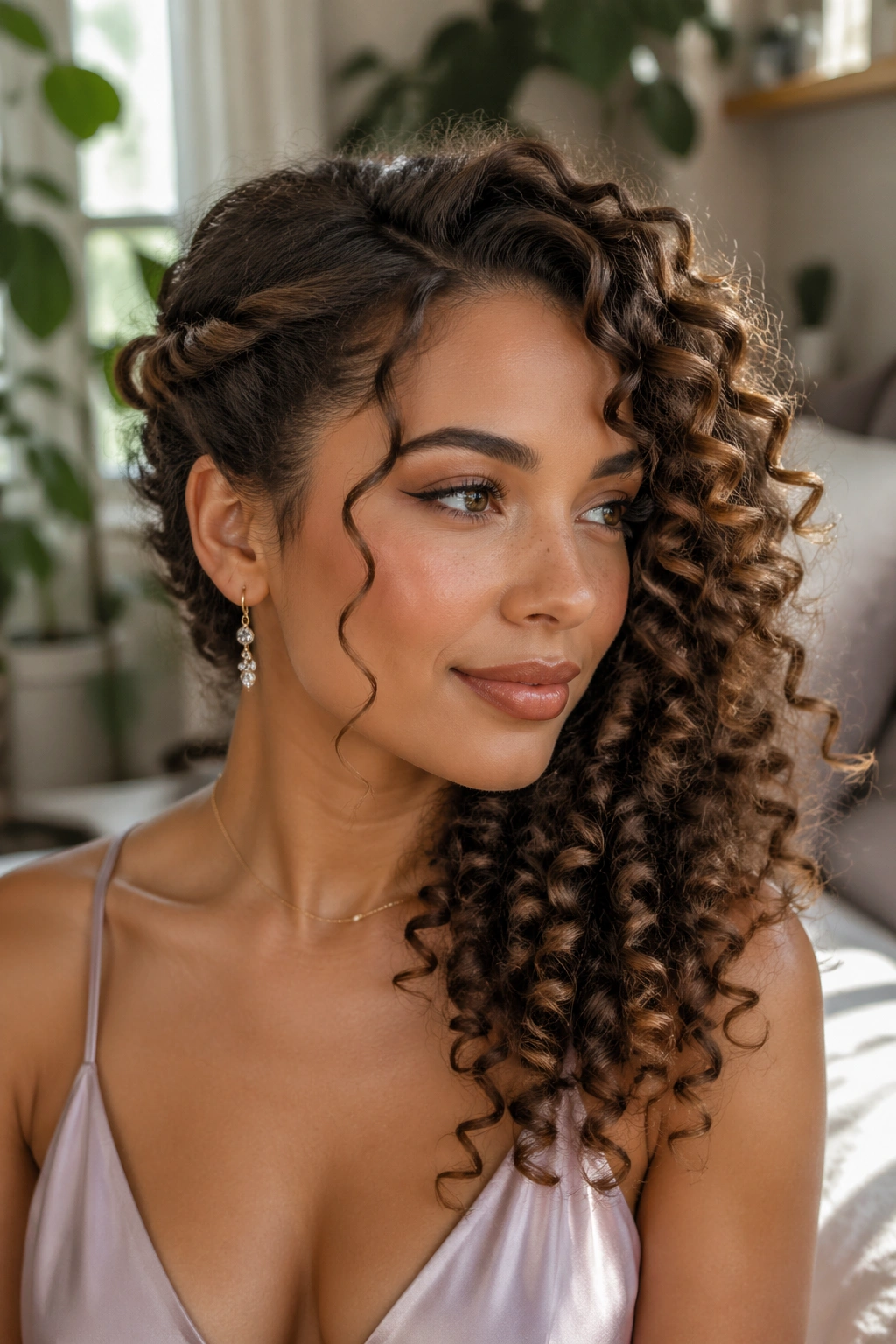 Close-up of a real woman with a side-swept half-up twist and one-sided curls
