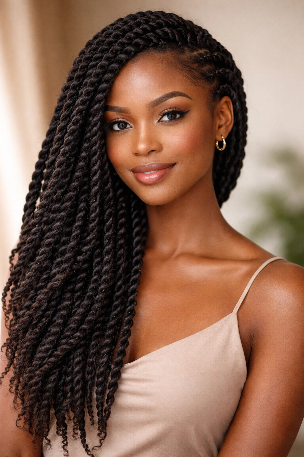 Side-swept twists cascading over shoulder highlighting texture