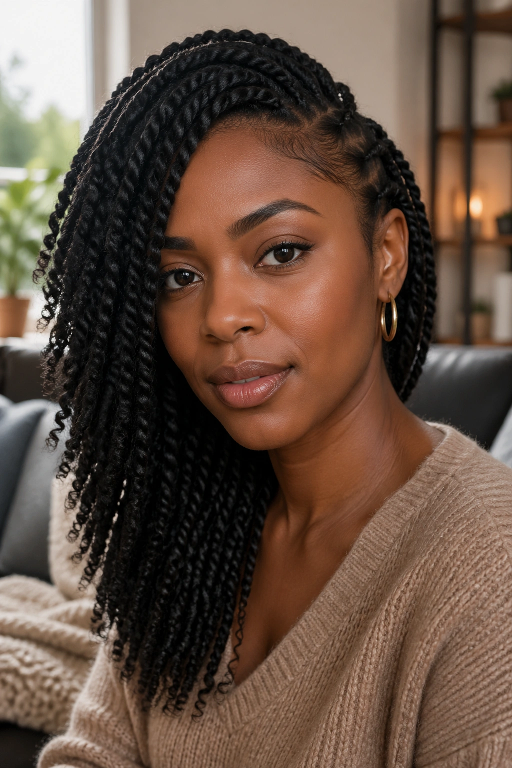 Close-up of a real woman with side-swept Afro twists draped over one shoulder in warm window light