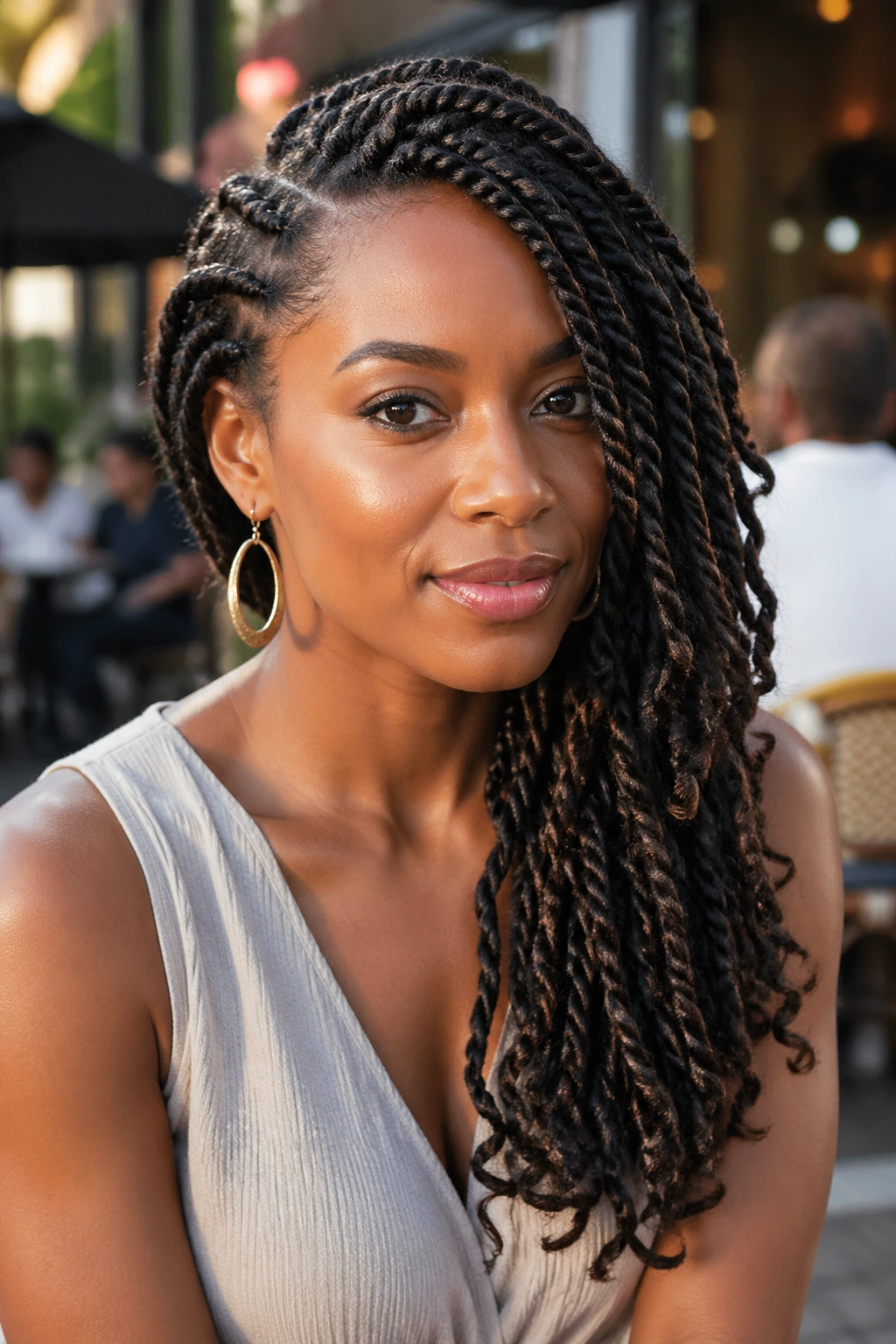 Close-up of a real woman with side-swept twists