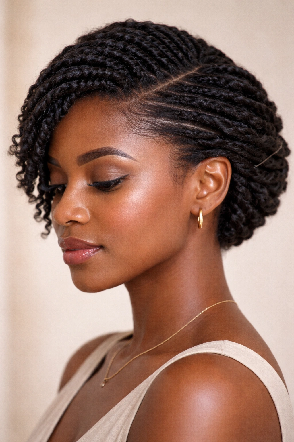 Side-swept twists with tuck-and-pin finish on short-to-medium hair