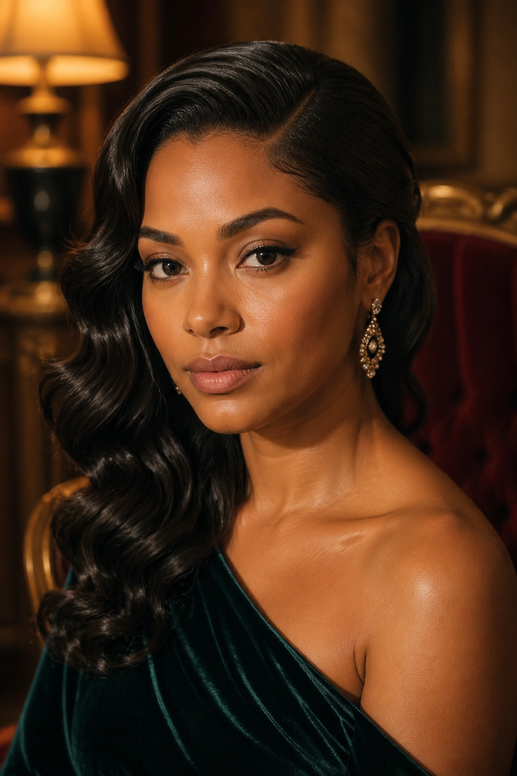 Close-up of a real woman with side-swept waves and deep side part for a dressier look