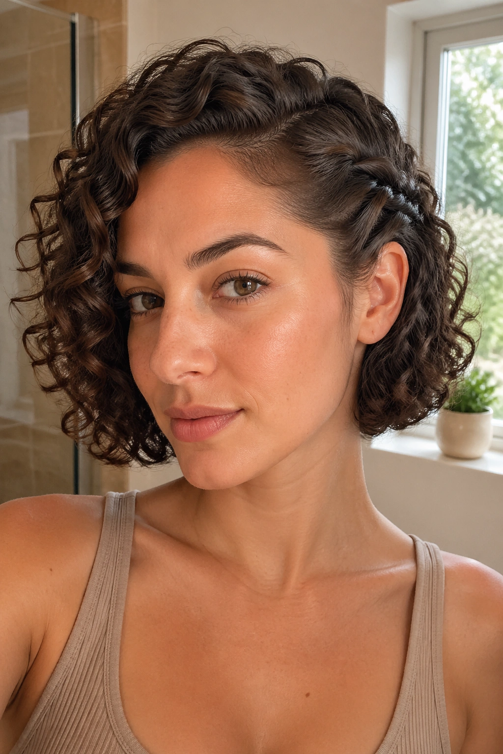 Close-up of a real woman with a side-tucked twist in a curly bob, natural light.