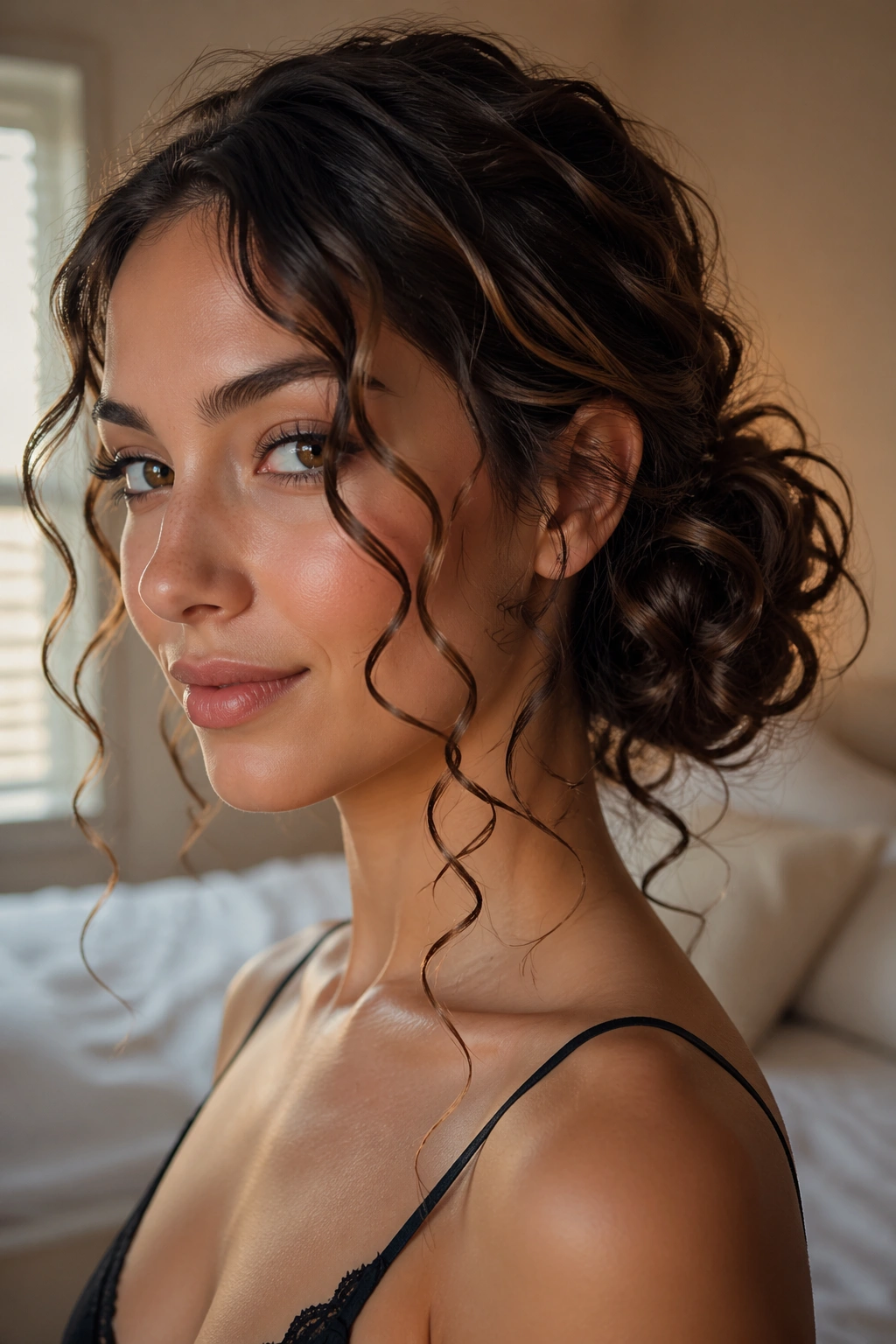 Close-up of side bun with spiral tendrils on a real woman in warm bedroom light