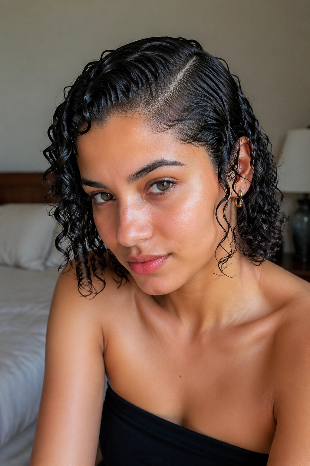 Close-up of a real person with a deep side part and glossy wet curls.
