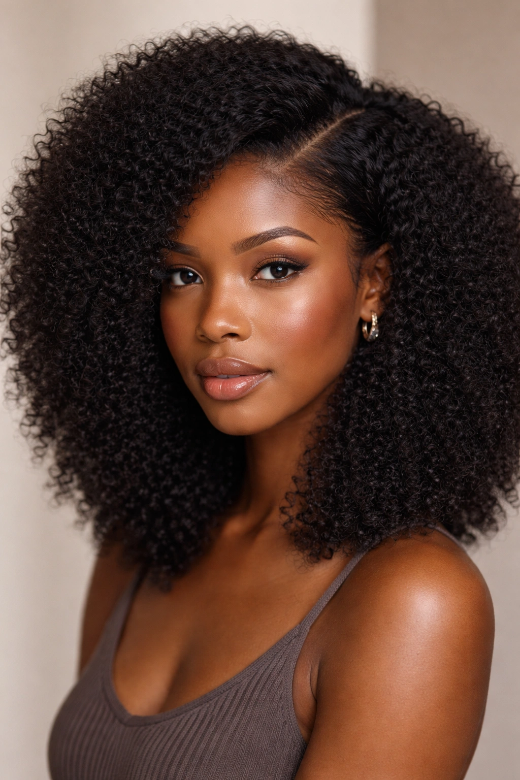 Side-part lace-front afro wig showing soft part and tinted lace on a headform