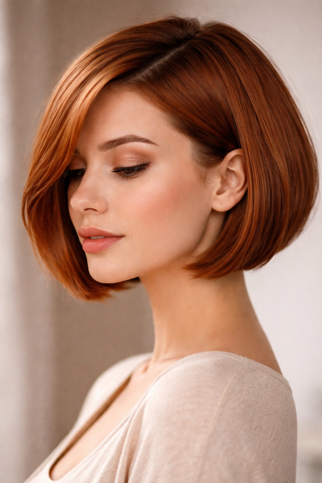 Sienna side-part bob close-up with warm sienna shade and soft bevel