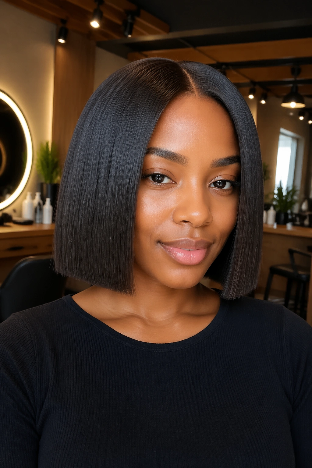 Real person with a crisp blunt bob after silk press