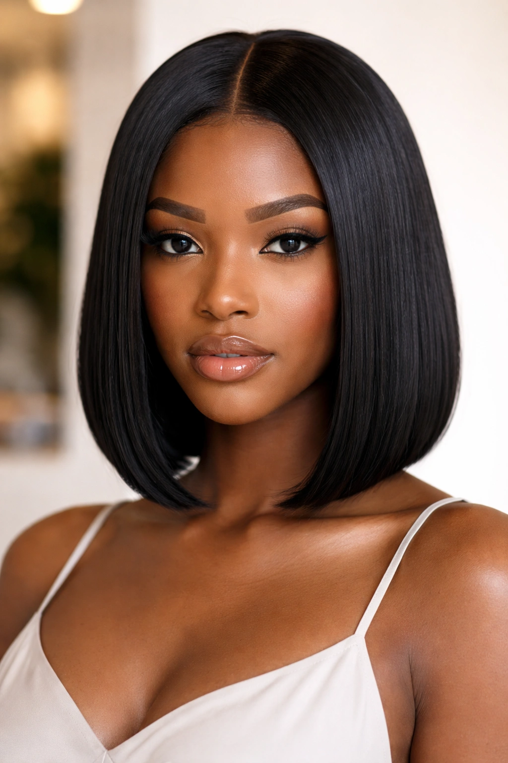 Silk-pressed bob with a middle part showing smooth, glossy straight hair