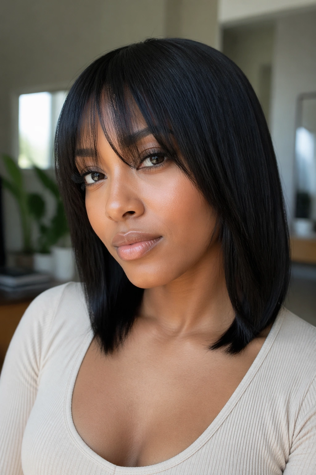 Close-up of a woman with silk-pressed straight hair and wispy bangs