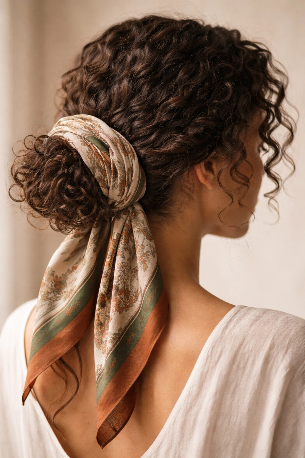 Low curly bun wrapped with silk scarf