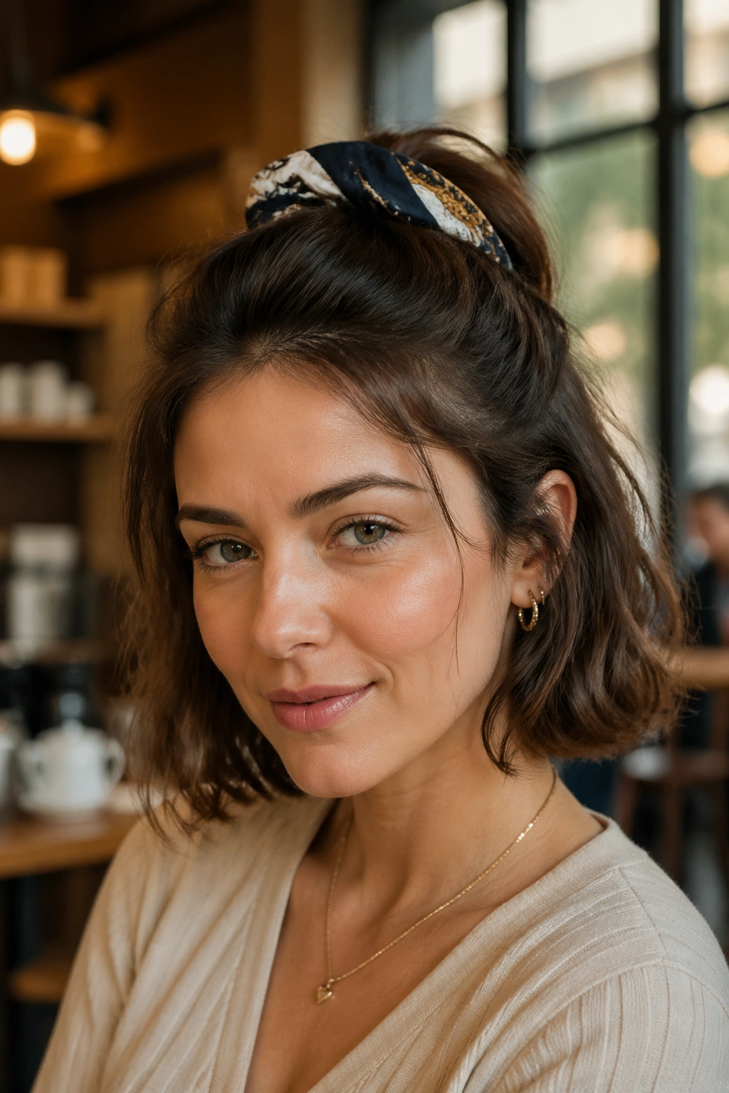 Real woman with chin-length bob wearing a narrow silk scarf half-up