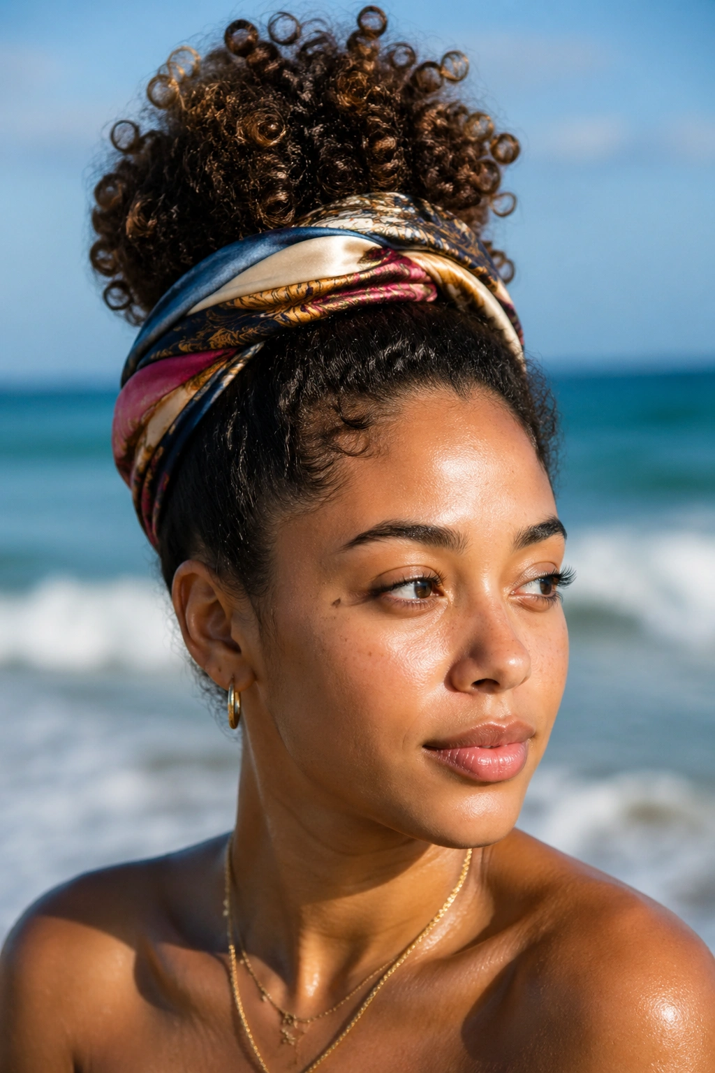 Silk scarf puff on a real woman with scarf-wrapped crown against a humid beach day backdrop