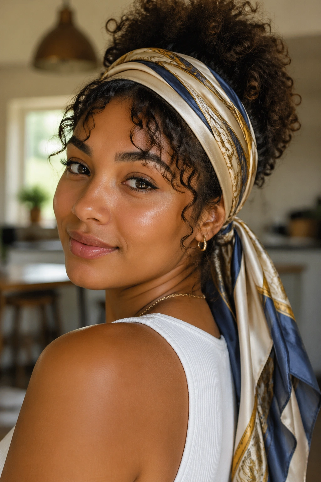 Close-up of a real woman wearing a silk scarf wrap styled with loose ends.