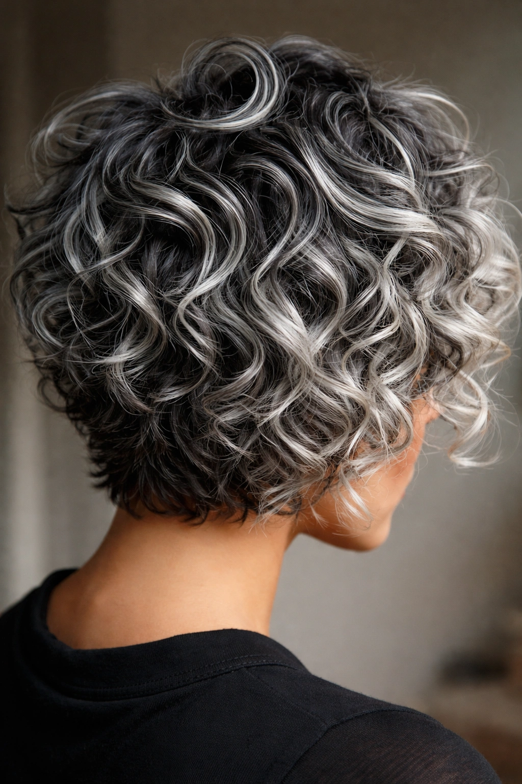 Close-up curly hair with silver and charcoal blending