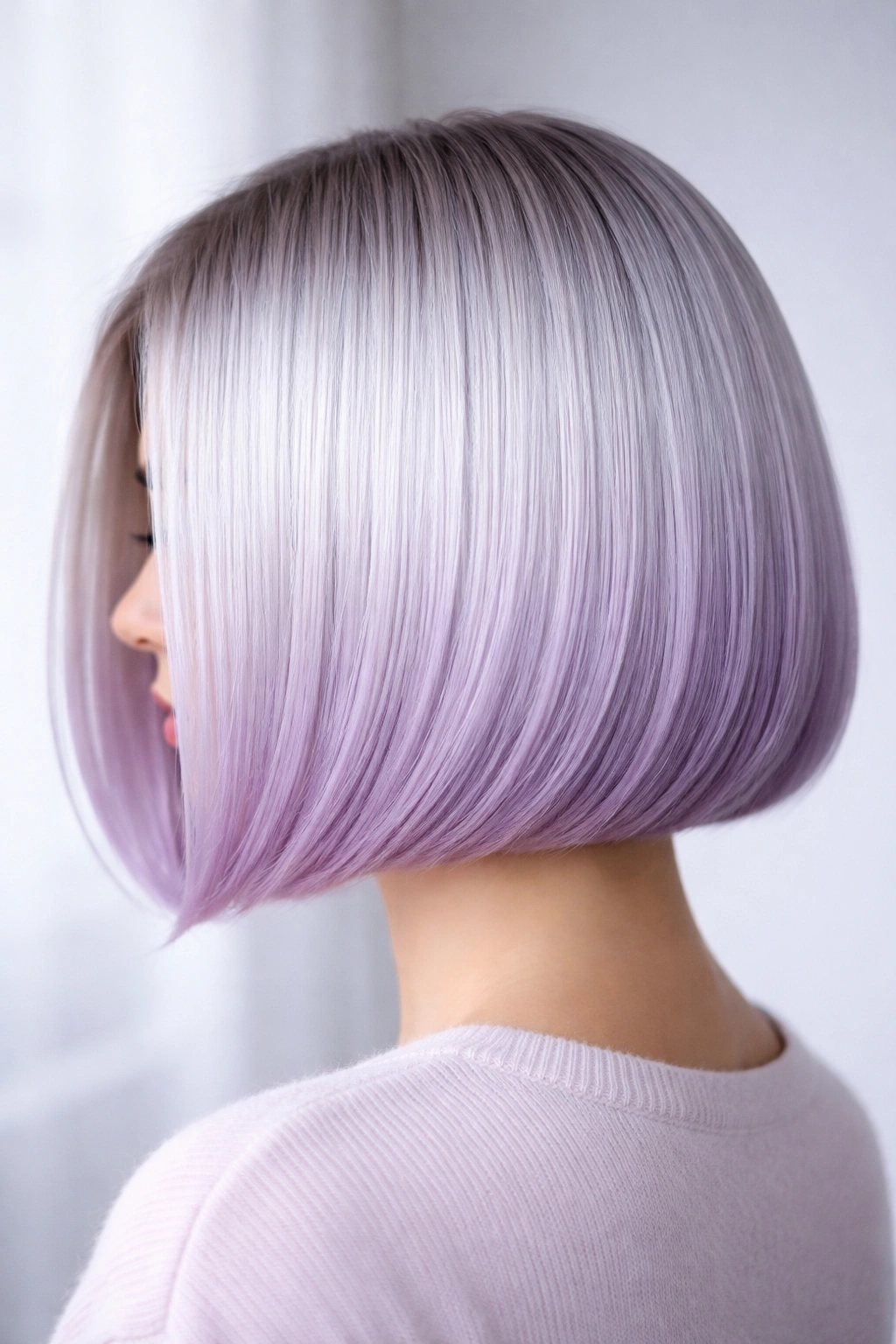 Sleek blunt bob with silver-lilac ombre and glossy finish